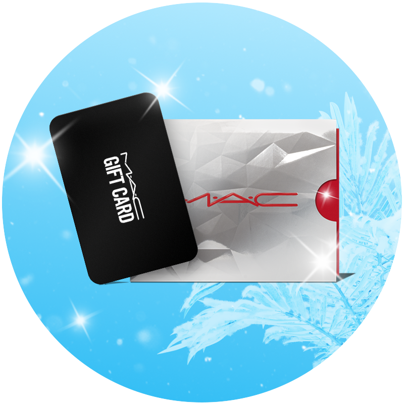 MAC gift card with red sleeve. surrounded by pearls on a red background